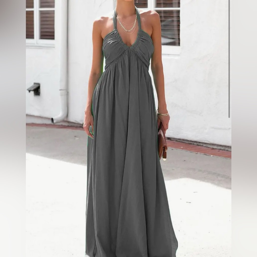 Dress L Gray Halter maxi Sleeveless Backless boho bohemian goth Emo spring long